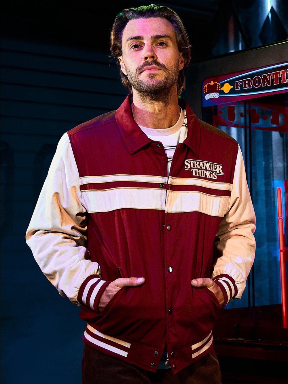 Stranger things Men’s Maroon and Cream Varsity Jacket